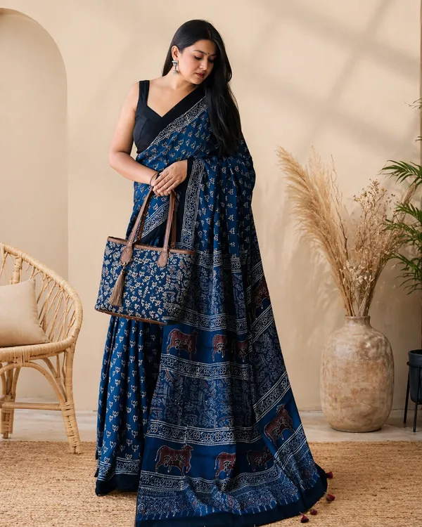 Navy_Blue_Modal_Silk_Saree_With_Blouse_For_Women