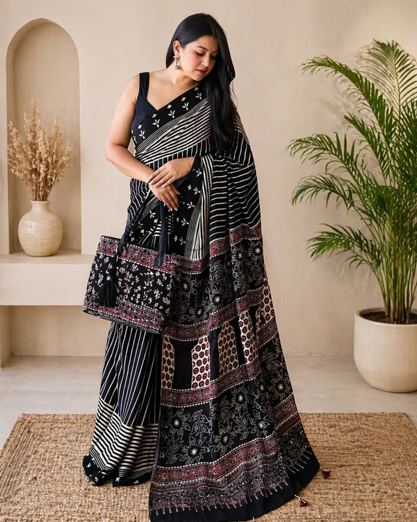 Black_Modal_Silk_Saree_With_Blouse_For_Women
