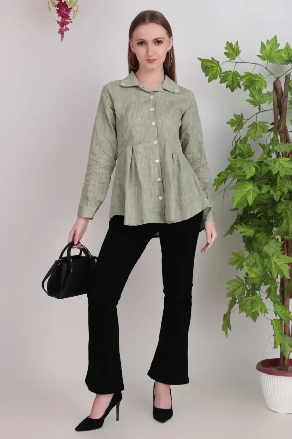 Olive_Green_Cotton_Pleated_Shirt_Tops_For_Women