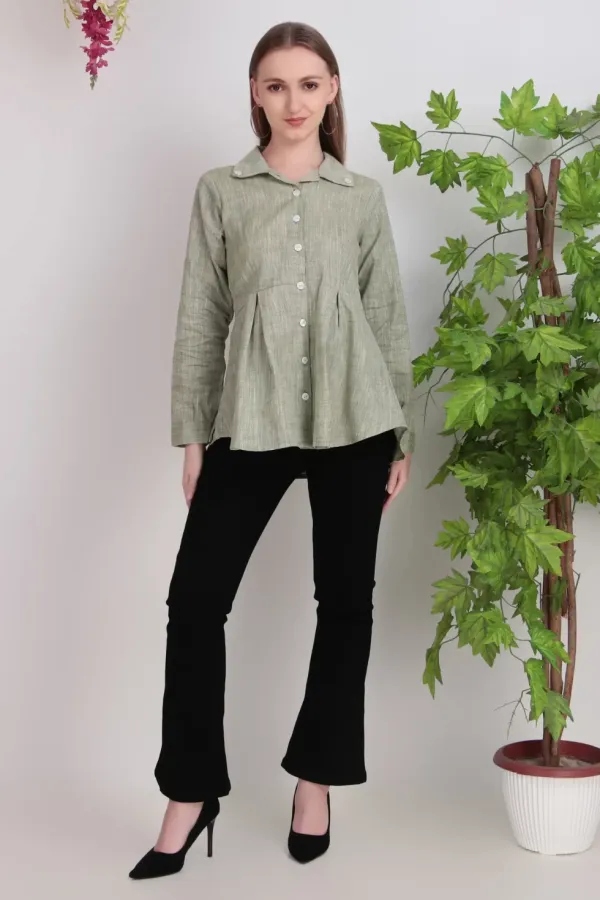 Olive_Green_Cotton_Pleated_Shirt_Tops_For_Women