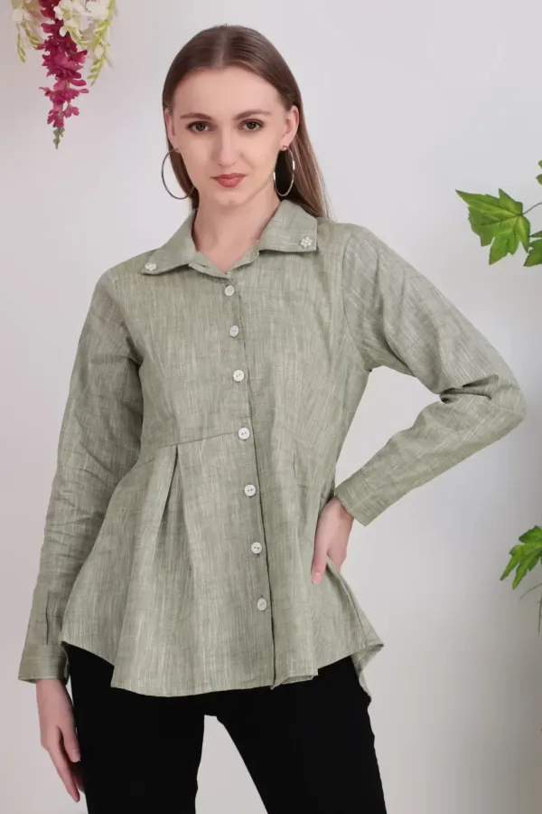 Olive_Green_Cotton_Pleated_Shirt_Tops_For_Women