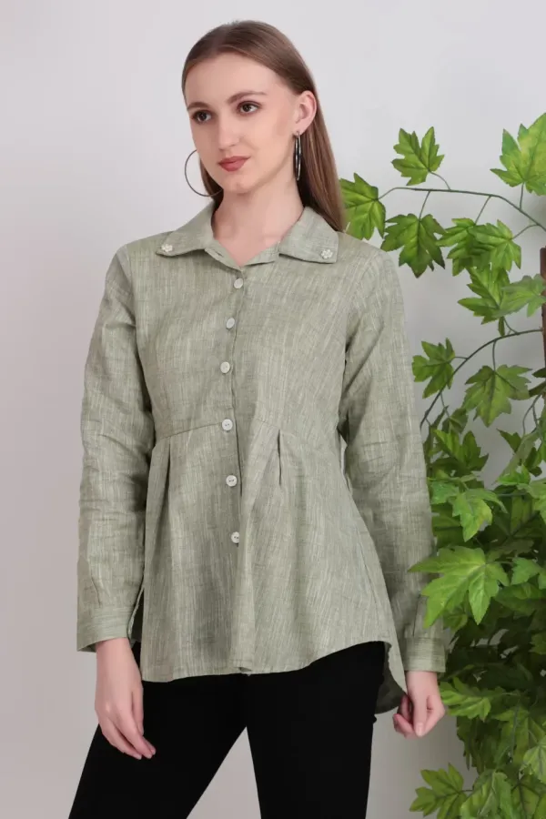 Olive_Green_Cotton_Pleated_Shirt_Tops_For_Women