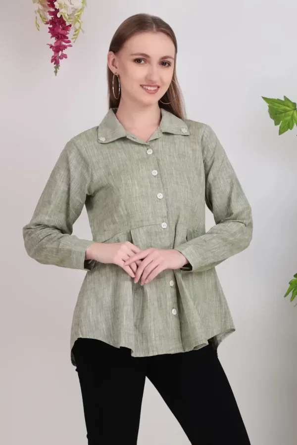 Olive_Green_Cotton_Pleated_Shirt_Tops_For_Women
