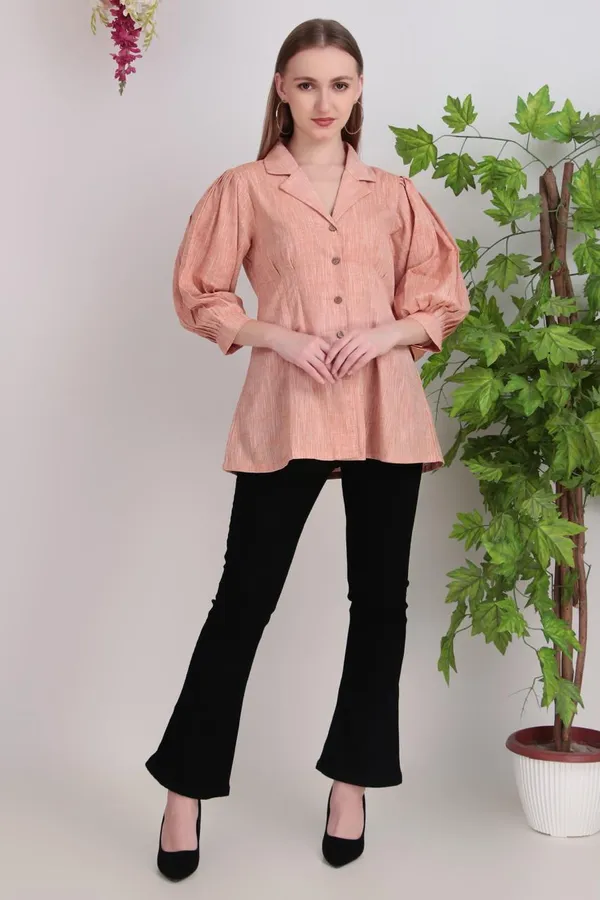 Peach_Cotton_Puff_Sleeve_Peplum_Shirt_Tops_For_Women