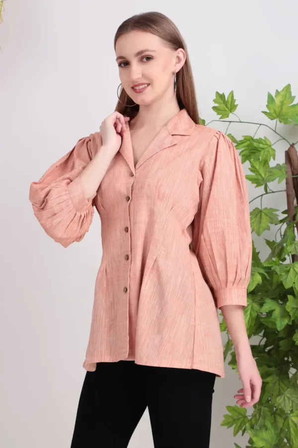 Peach_Cotton_Puff_Sleeve_Peplum_Shirt_Tops_For_Women