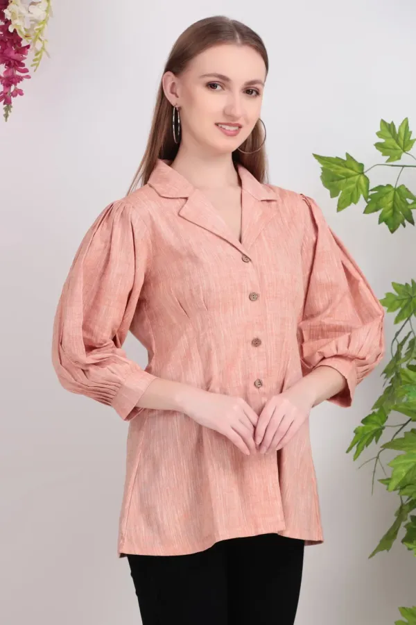 Peach_Cotton_Puff_Sleeve_Peplum_Shirt_Tops_For_Women