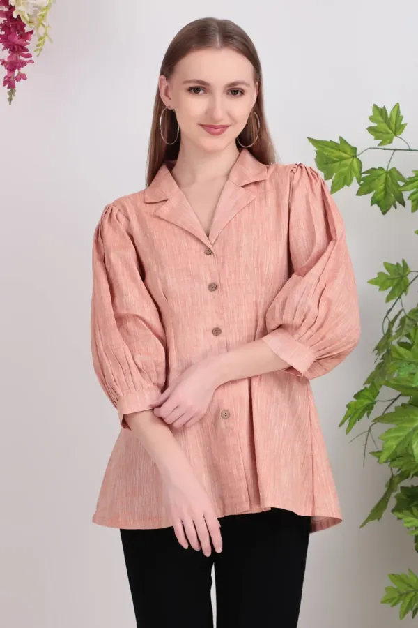 Peach_Cotton_Puff_Sleeve_Peplum_Shirt_Tops_For_Women