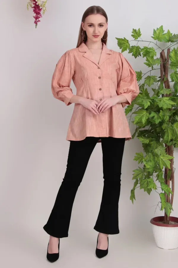 Peach_Cotton_Puff_Sleeve_Peplum_Shirt_Tops_For_Women