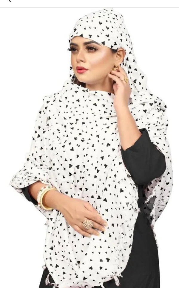 White_Cotton_Black_Heart_Print_Tassel_Scarf_For_Women