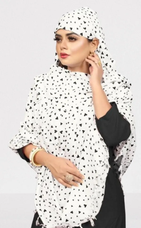 White_Cotton_Black_Heart_Print_Tassel_Scarf_For_Women