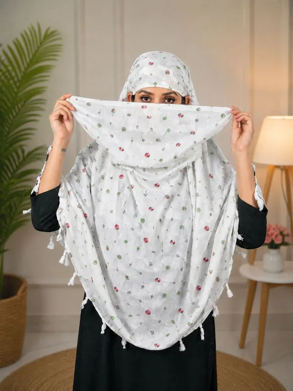 White_Cotton_Floral_Embroidered_Tassel_Scarf_For_Women
