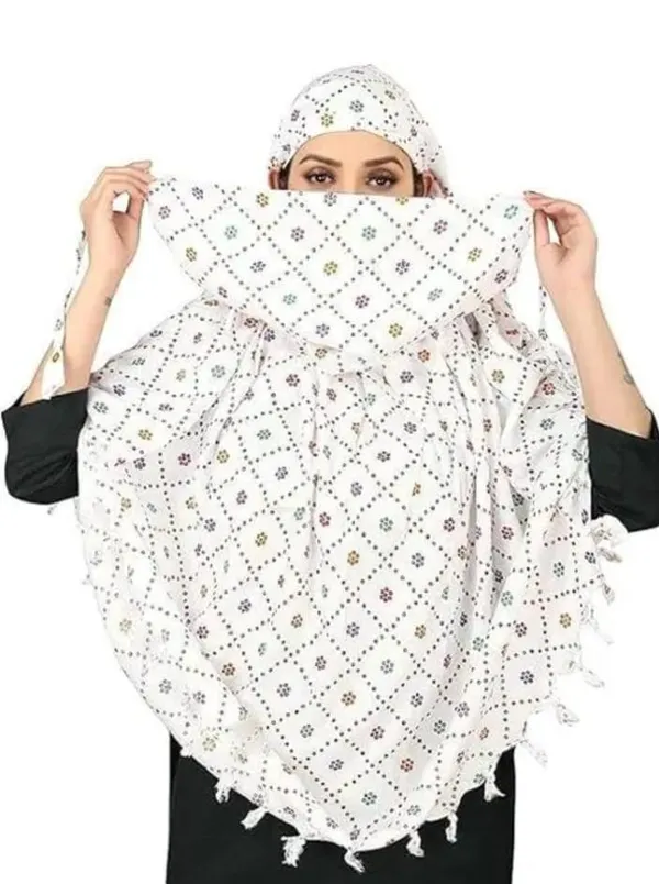 White_Cotton_Geometric_Floral_Print_Tassel_Scarf_For_Women