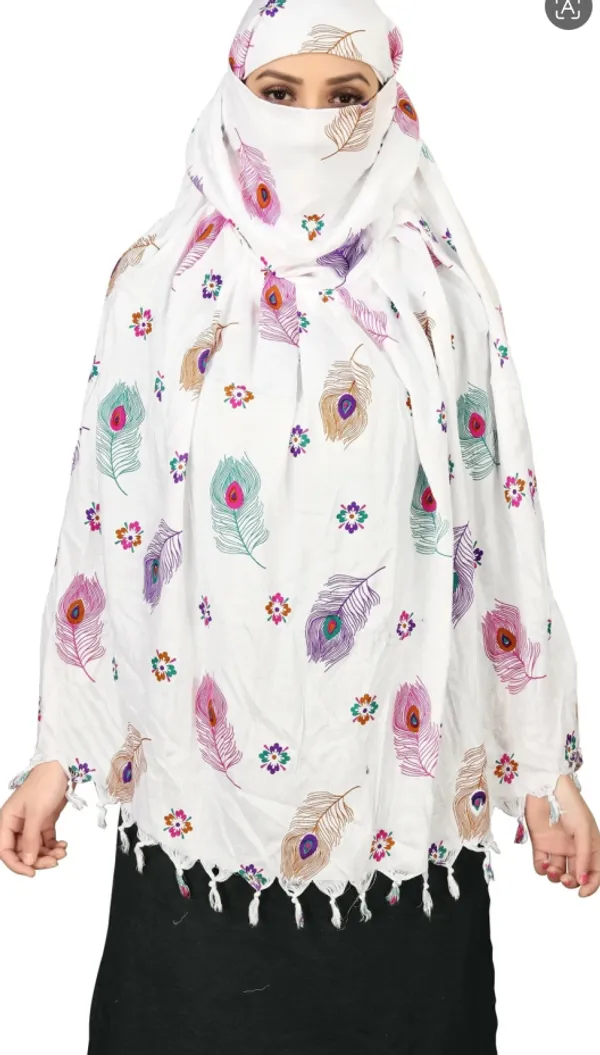 White_Cotton_Embroidered_Peacock_Feather_Tassel_Scarf_For_Women