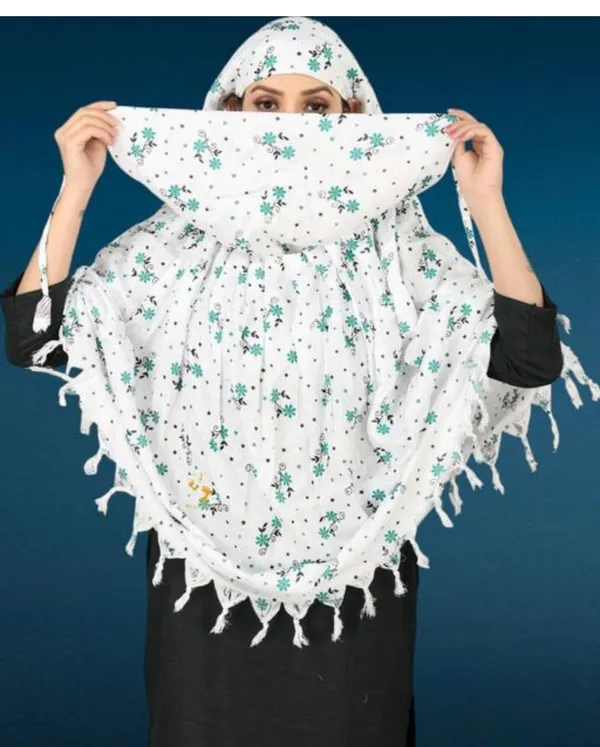 White_Cotton_Turquoise_Floral_Print_Tassel_Scarf_For_Women