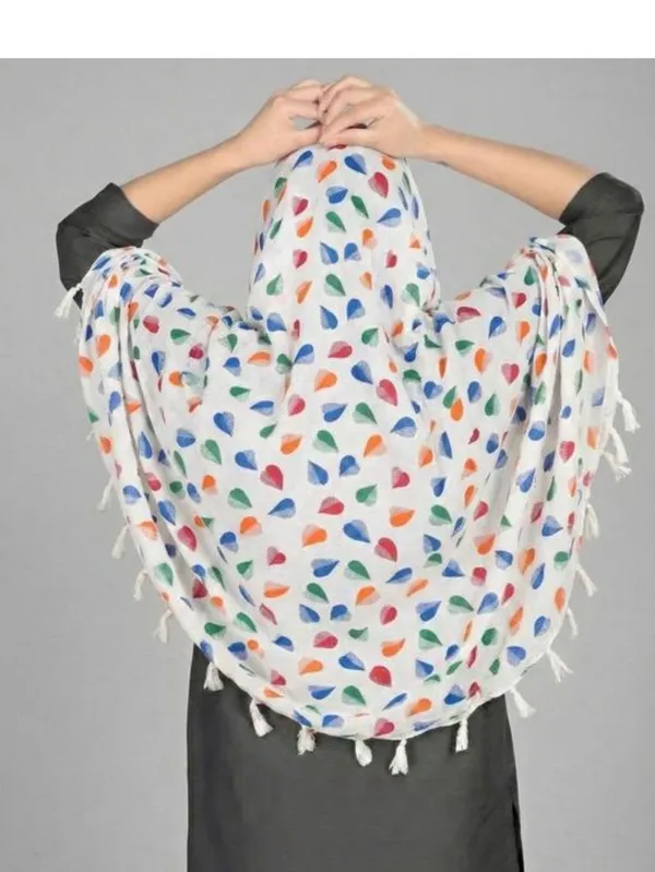 White_Cotton_Multicolor_Heart_Print_Tassel_Prayer_Scarf_For_Women