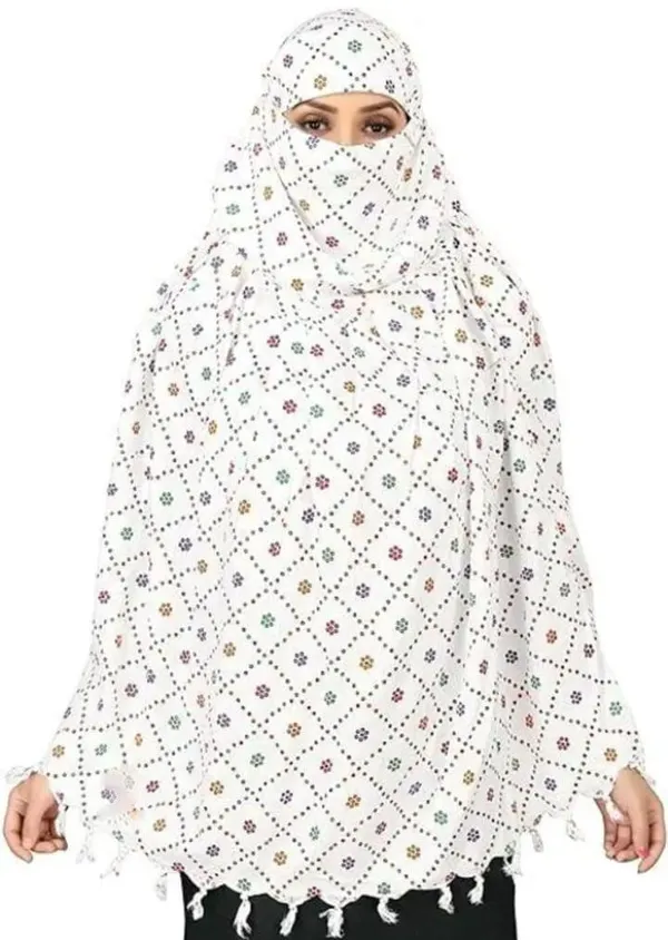 White_Cotton_Geometric_Floral_Print_Tassel_Scarf_For_Women