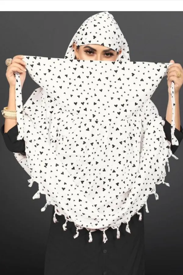 White_Cotton_Black_Heart_Print_Tassel_Scarf_For_Women