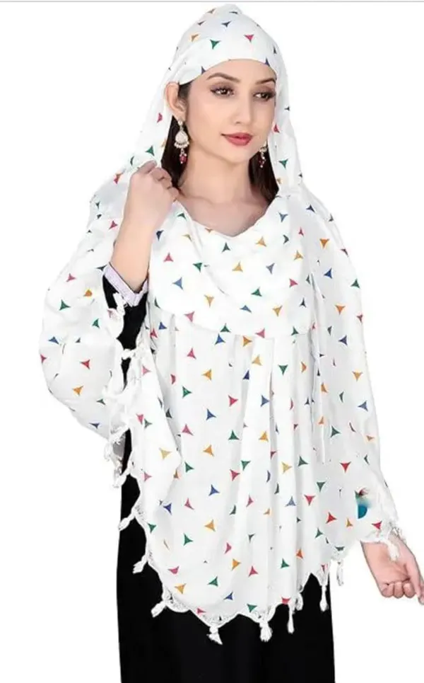 White_Cotton_Multicolor_Triangle_Print_Tassel_Dupatta_For_Women