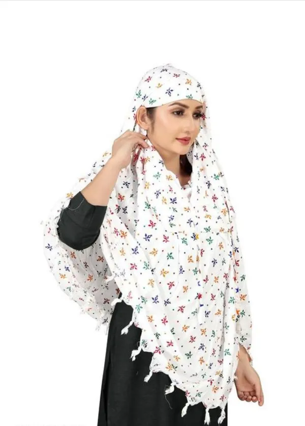 White_Cotton_Floral_Embroidered_Tassel_Scarf_For_Women