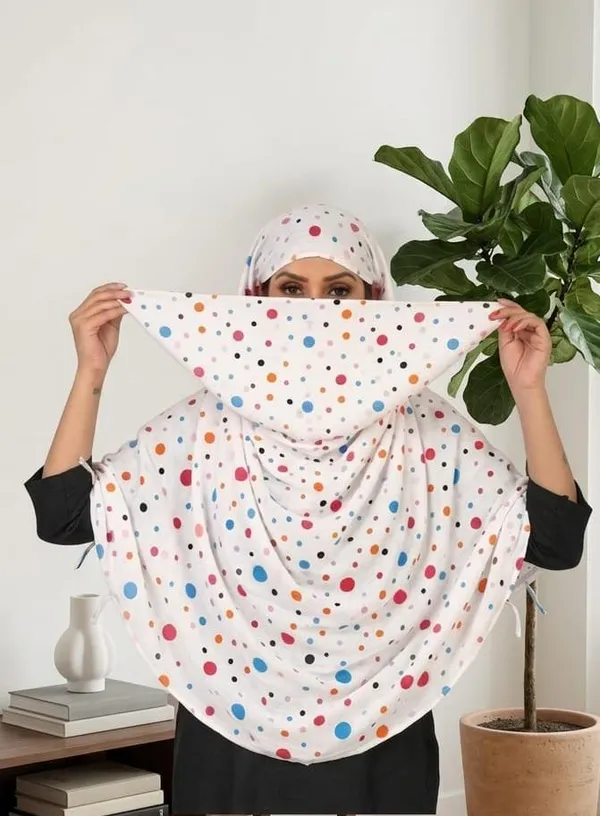 White_Cotton_Polka_Dot_Printed_Scarf_With_Matching_Cap_For_Women