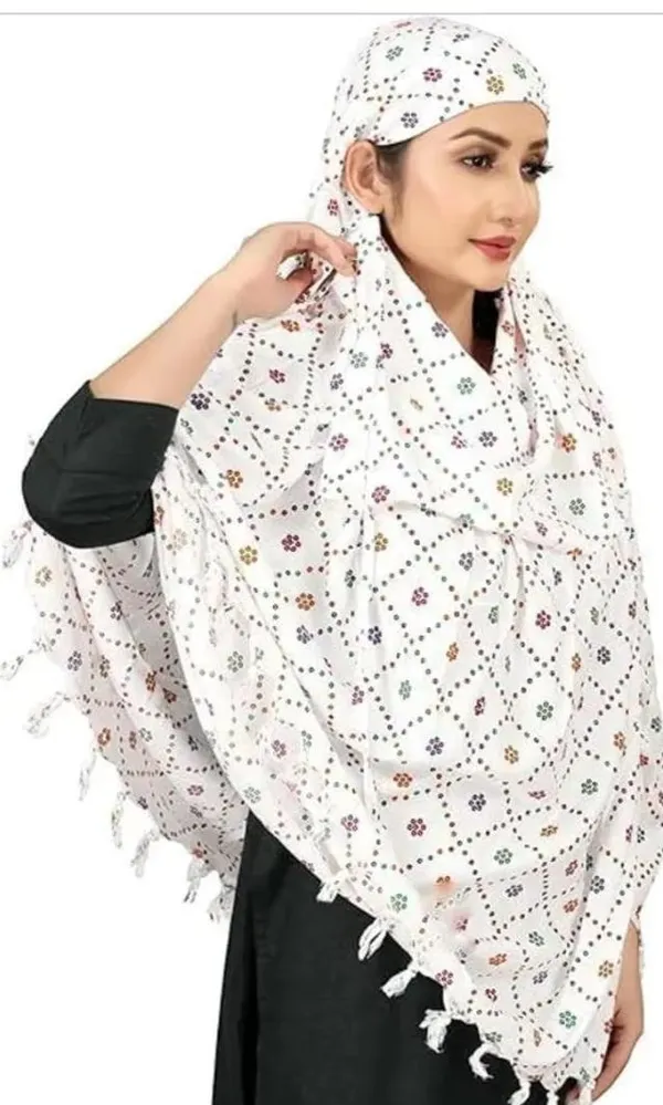 White_Cotton_Geometric_Floral_Print_Tassel_Scarf_For_Women