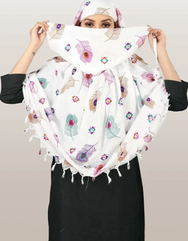 White_Cotton_Embroidered_Peacock_Feather_Tassel_Scarf_For_Women