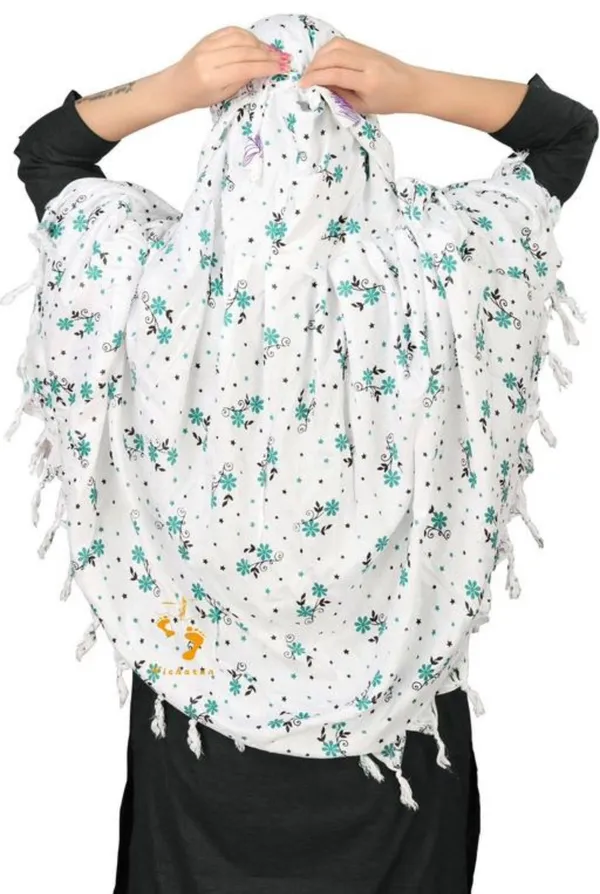 White_Cotton_Turquoise_Floral_Print_Tassel_Scarf_For_Women