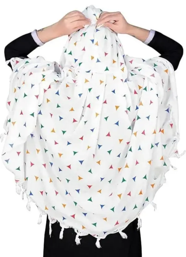 White_Cotton_Multicolor_Triangle_Print_Tassel_Dupatta_For_Women