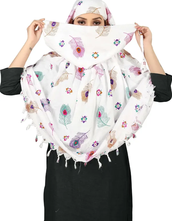 White_Cotton_Embroidered_Peacock_Feather_Tassel_Scarf_For_Women