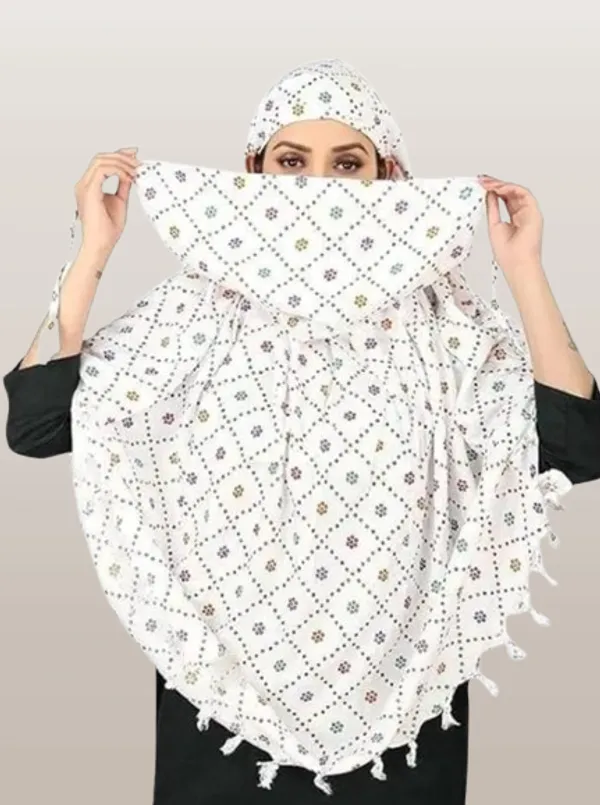 White_Cotton_Geometric_Floral_Print_Tassel_Scarf_For_Women