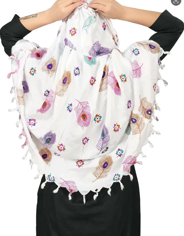 White_Cotton_Embroidered_Peacock_Feather_Tassel_Scarf_For_Women