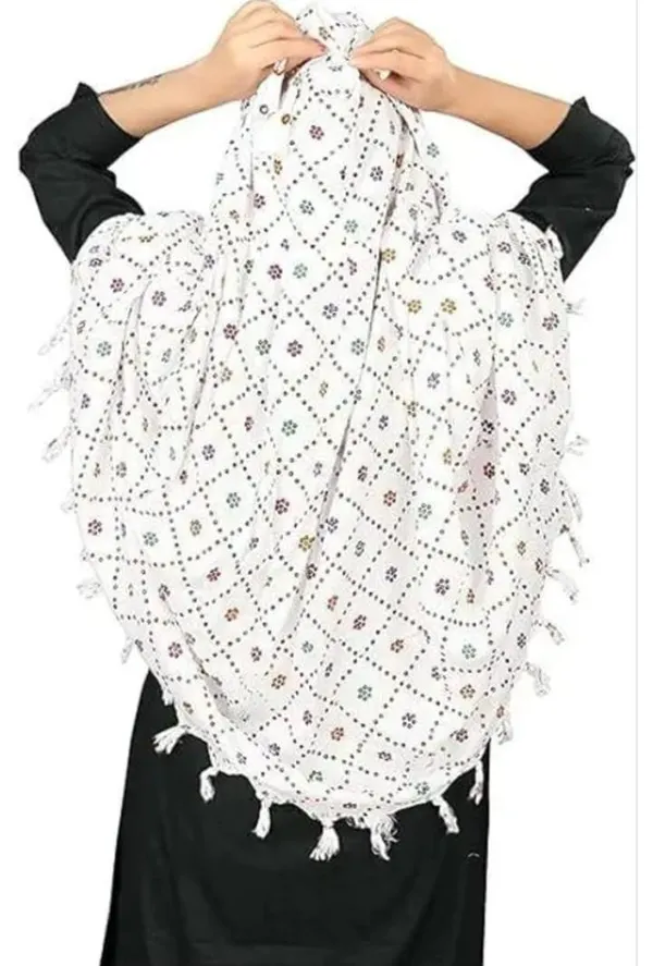 White_Cotton_Geometric_Floral_Print_Tassel_Scarf_For_Women