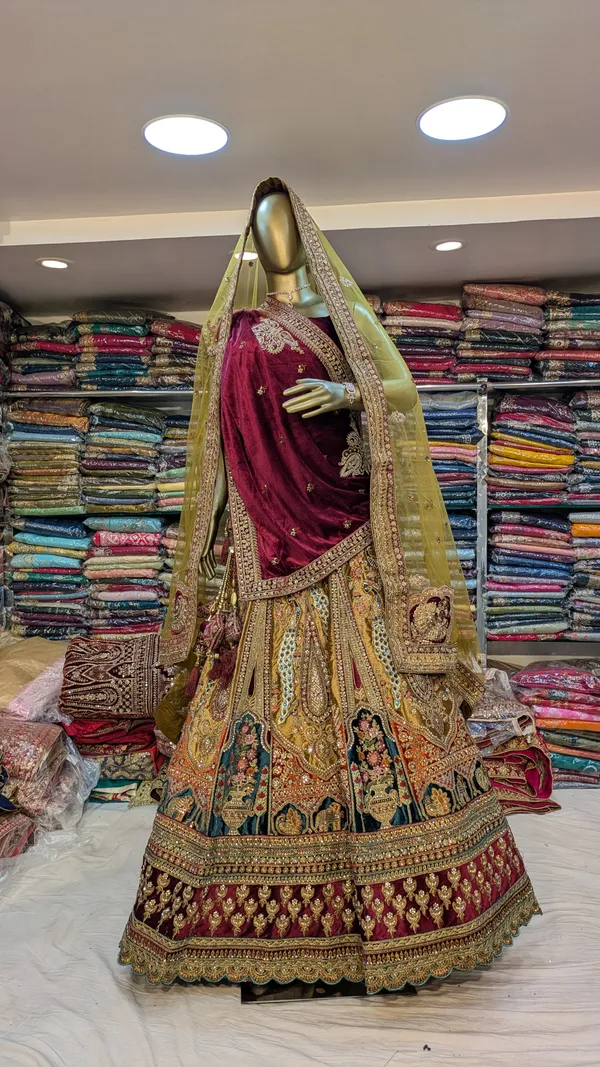 Golden_Beige_Velvet_Bridal_Lehenga_Choli_Set_With_Embroidery_And_Dupatta