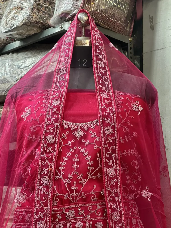 Red_Net_Bridal_Lehenga_Choli_Set_With_Embroidery_And_Dupatta