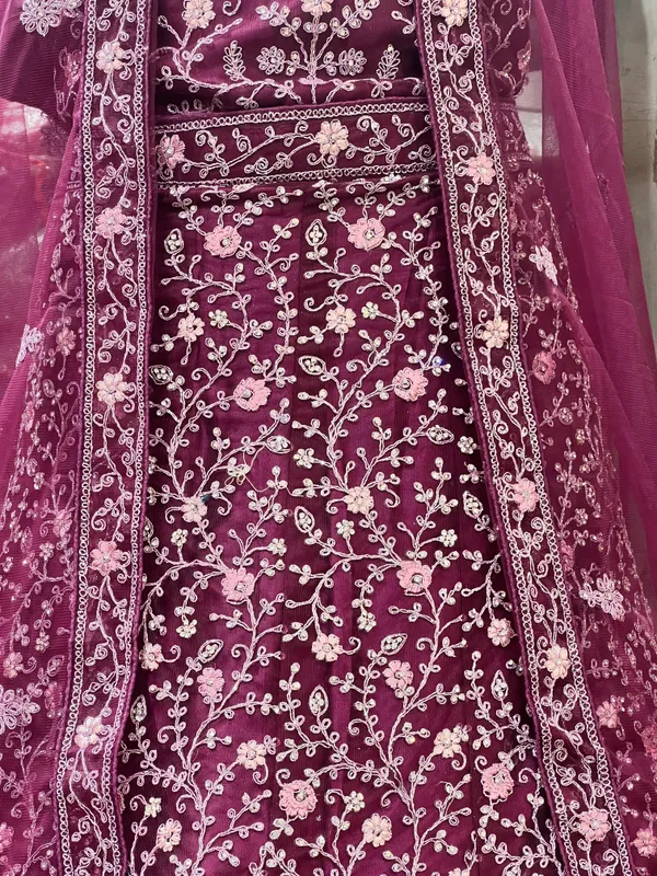 Maroon_Velvet_Lehenga_Choli_Set_With_Embroidery_And_Dupatta