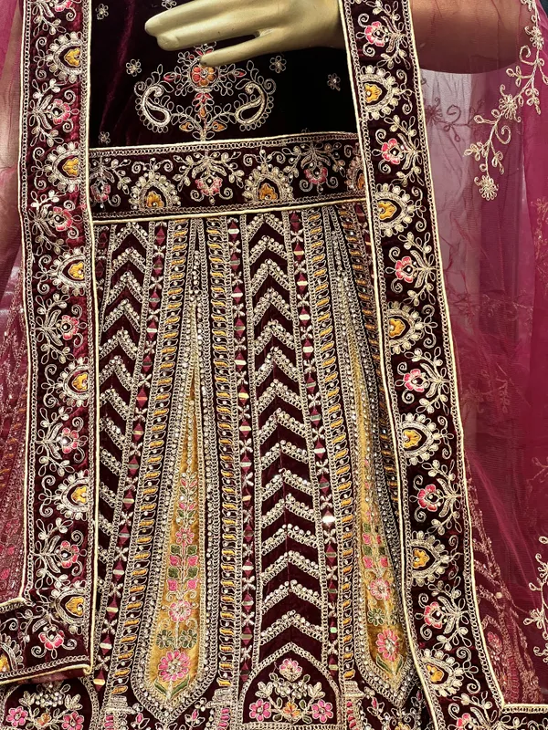 Maroon_Velvet_Bridal_Lehenga_Choli_Set_With_Sequin_Work