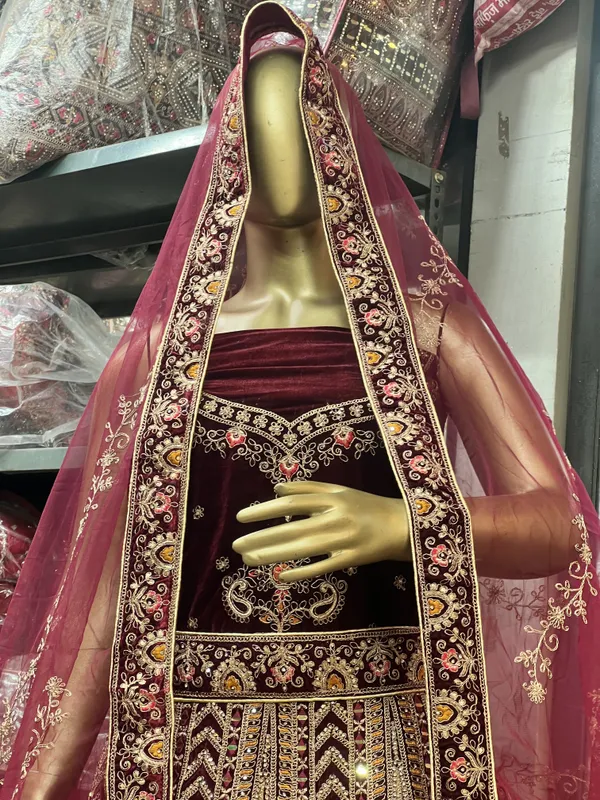Maroon_Velvet_Bridal_Lehenga_Choli_Set_With_Sequin_Work