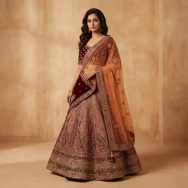 Maroon_&_Peach_Velvet_Bridal_Lehenga_Choli_Set_With_Heavy_Embellishments