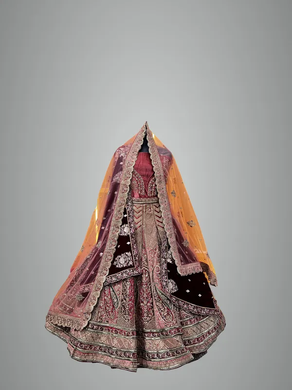 Maroon_&_Peach_Velvet_Bridal_Lehenga_Choli_Set_With_Heavy_Embellishments
