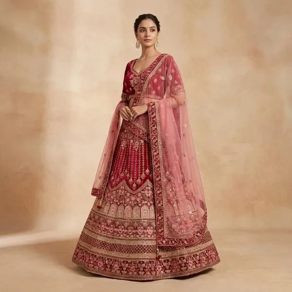 Maroon_Velvet_Bridal_Lehenga_Choli_Set_With_Embroidery_And_Dupatta