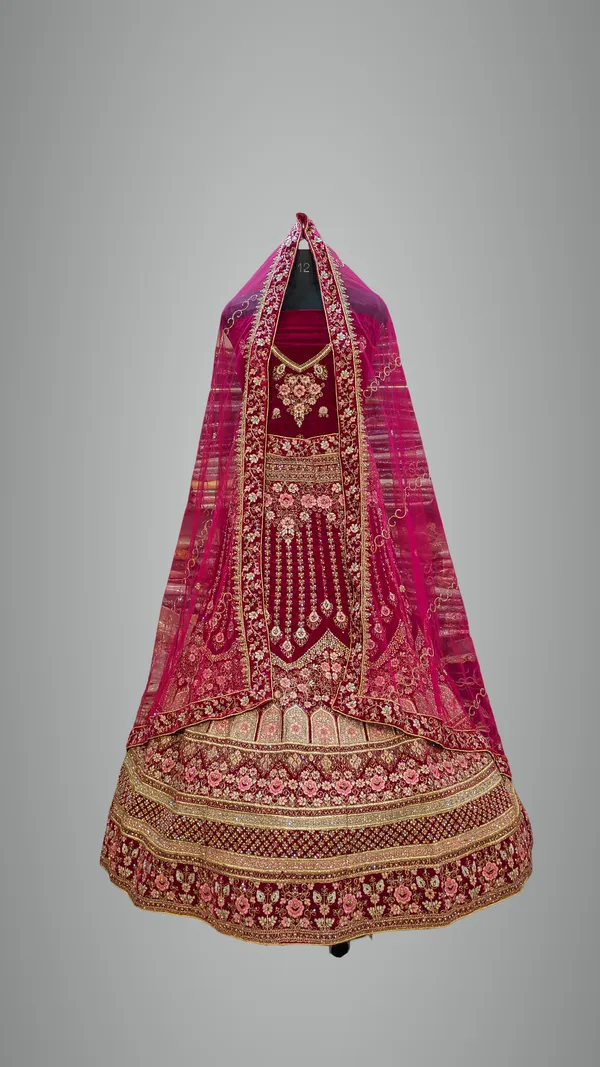 Maroon_Velvet_Bridal_Lehenga_Choli_Set_With_Embroidery_And_Dupatta