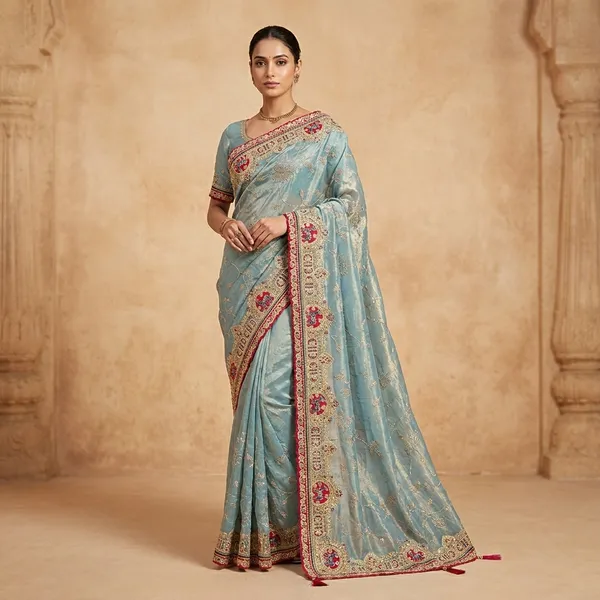 Blue_Fendi_Silk_Saree_With_Embellished_Border