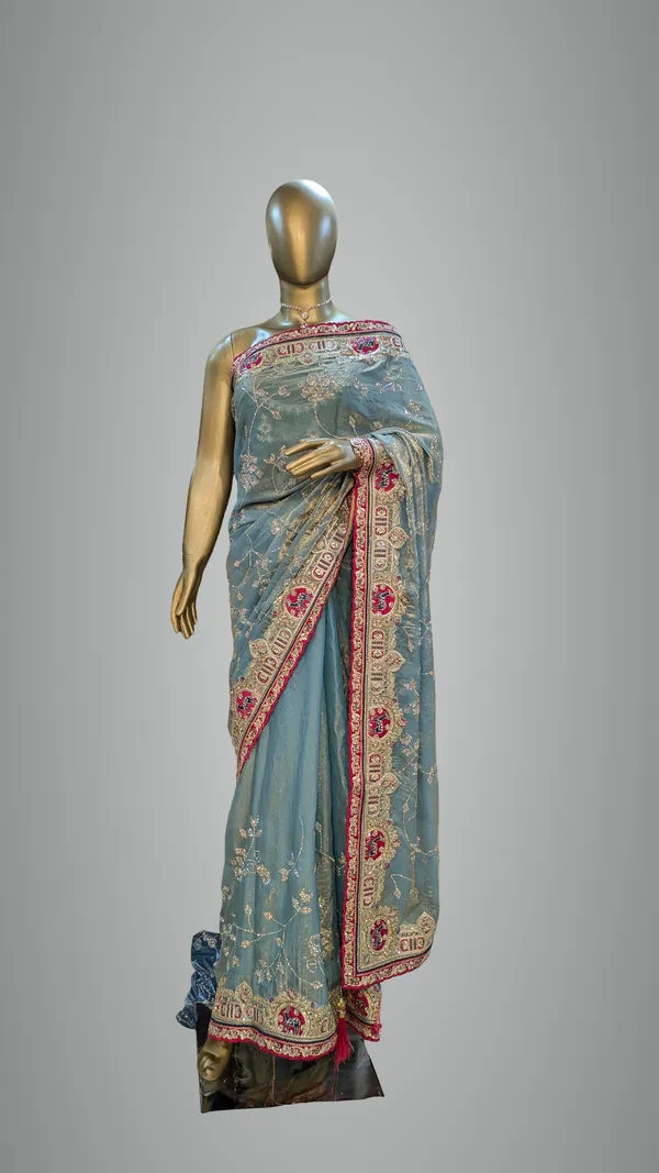 Blue_Fendi_Silk_Saree_With_Embellished_Border