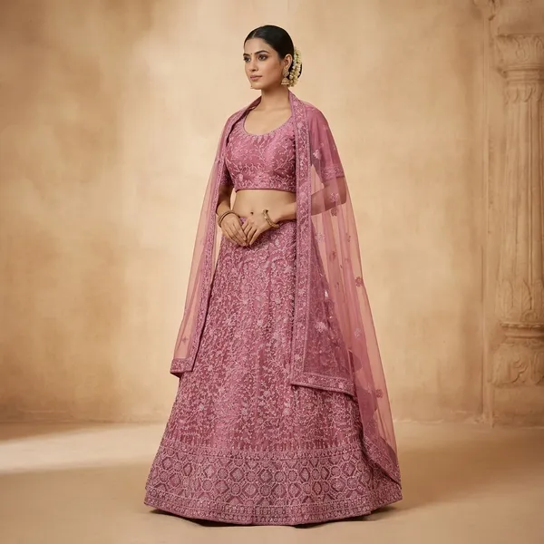 Pink_Net_Lehenga_Choli_Set_With_Embroidery_And_Dupatta