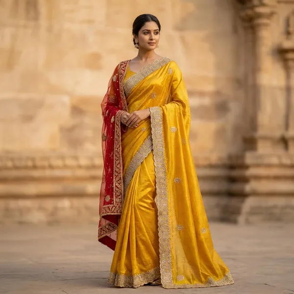 Yellow_Fendi_Saree_With_Embellished_Border_And_Dupatta