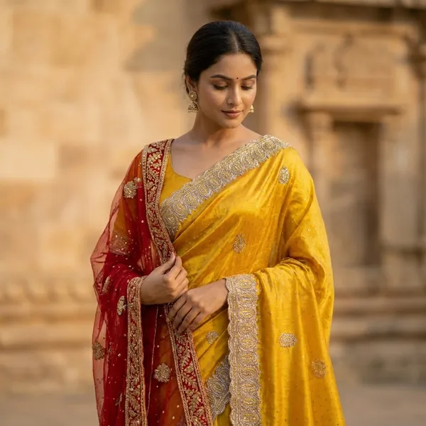 Yellow_Fendi_Saree_With_Embellished_Border_And_Dupatta
