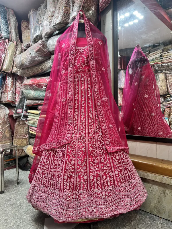 Red_Net_Bridal_Lehenga_Choli_Set_With_Embroidery_And_Dupatta