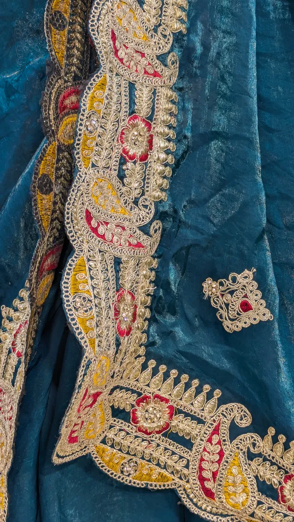 Teal_Blue_Fendi_Saree_With_Embroidered_Zari_Border_And_Embellished_Pallu