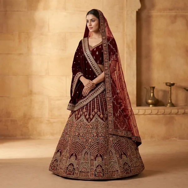 Maroon_Velvet_Bridal_Lehenga_Choli_Set_With_Heavy_Embroidery_And_Dupatta