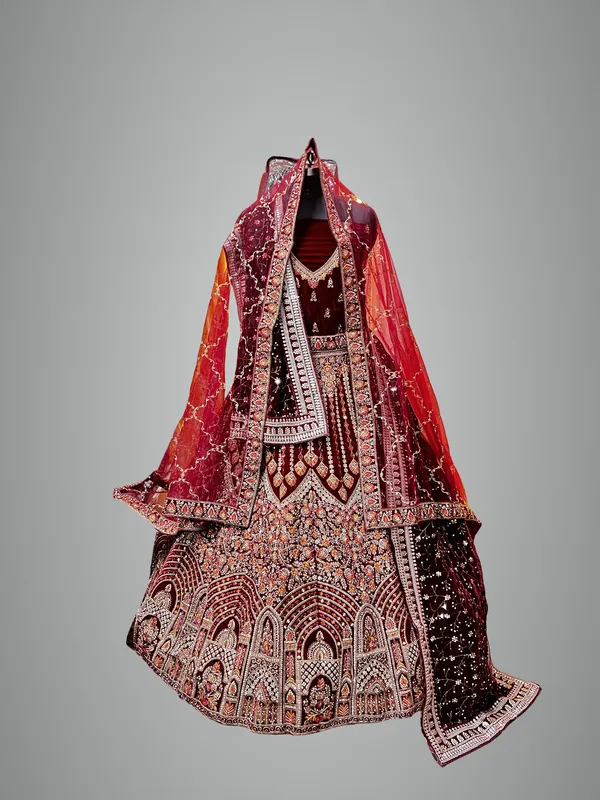 Maroon_Velvet_Bridal_Lehenga_Choli_Set_With_Heavy_Embroidery_And_Dupatta